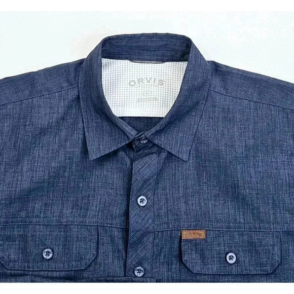 Orvis Size Medium Men's Charcoal Blue Pocket Logo Short Sleeve Polyester Shirt - Picture 12 of 12